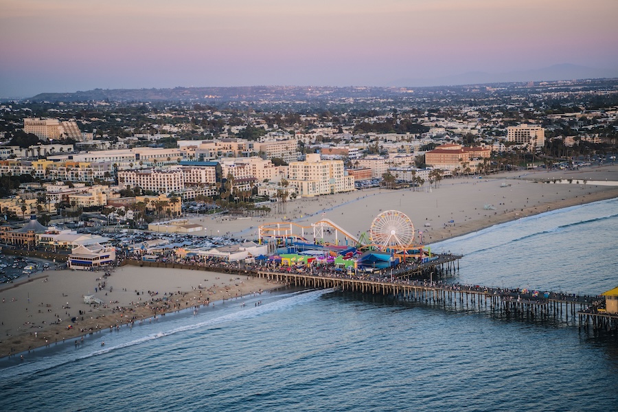 Pier and beach with amusement park, high angle, Santa Monica, California, USA